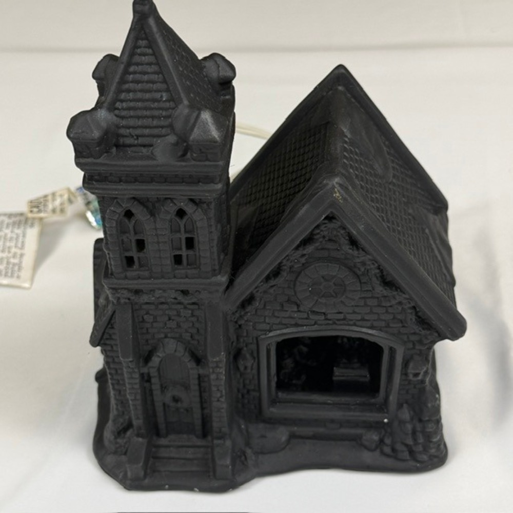 Matte Black Ceramic Halloween Spooky Church Village House Lighted Decor